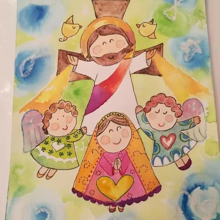 Ilustración en acuarela de Jesús con dos angelitos y la Virgen