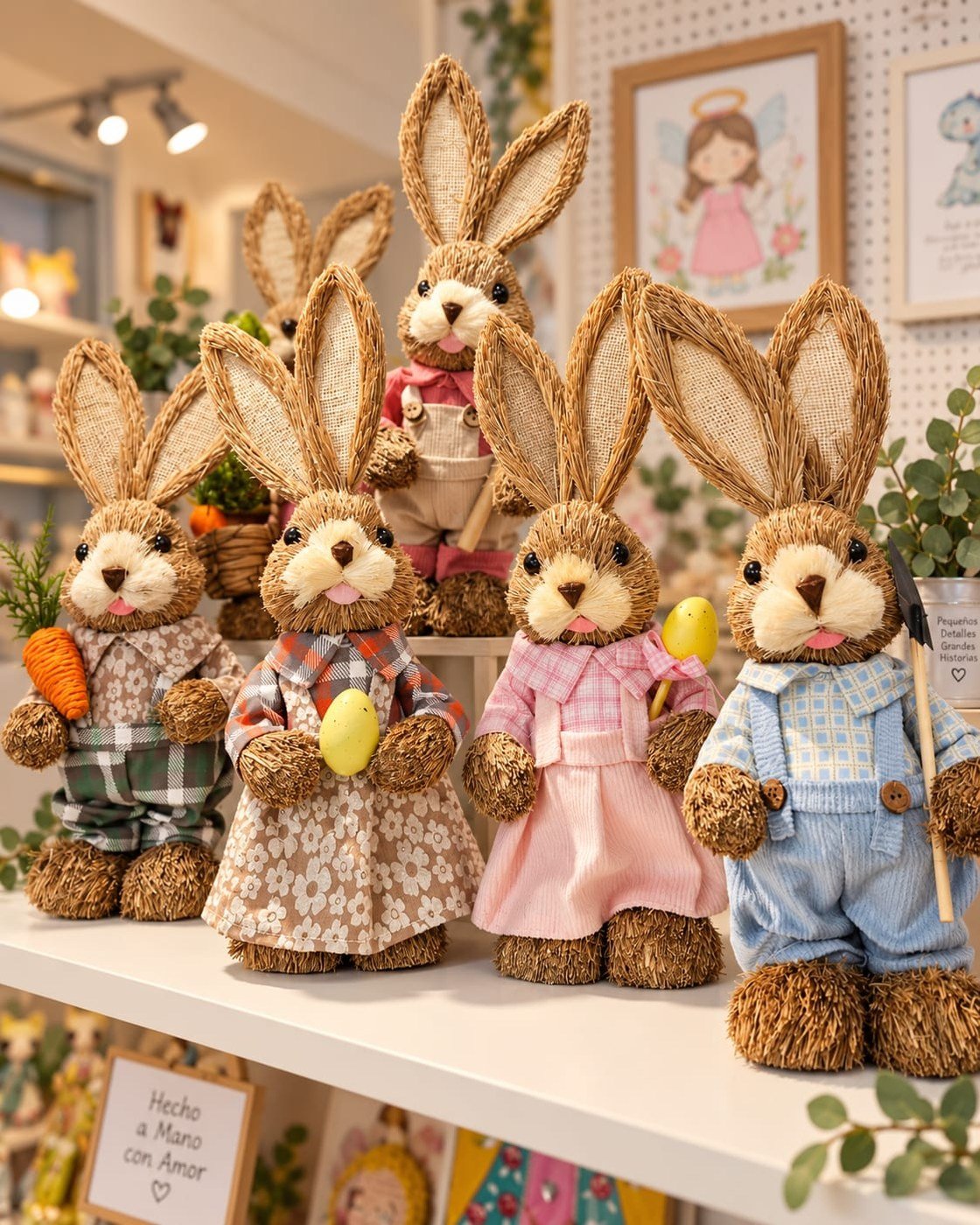 Conejos de pascua artesanales con ropa de género, hechos a mano por Hada Mágica