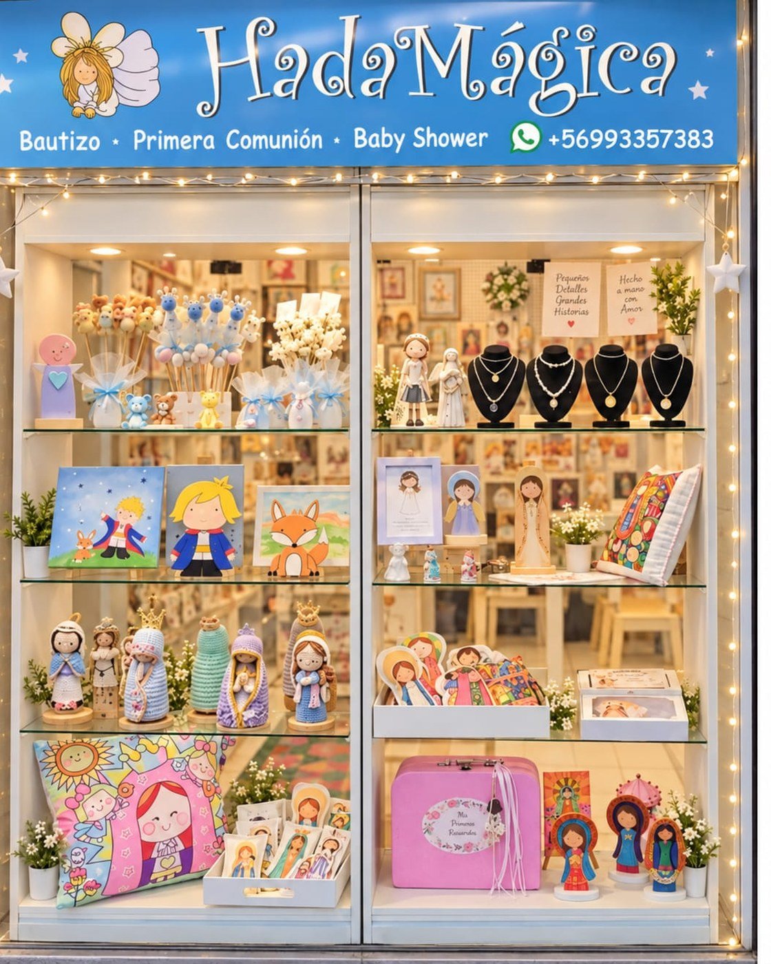Vitrina de Hada Mágica con virgencitas a crochet, estampas, cojines y recuerdos de bautizo y primera comunión