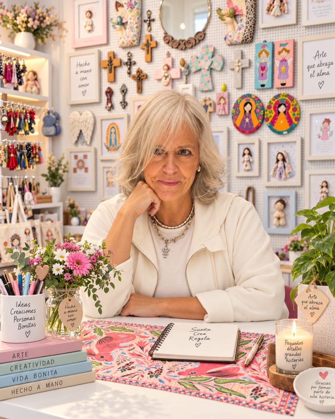 Ximena Fuenzalida, creadora de Hada Mágica, en su local de Apoquindo rodeada de cruces, estampas y recuerdos hechos a mano