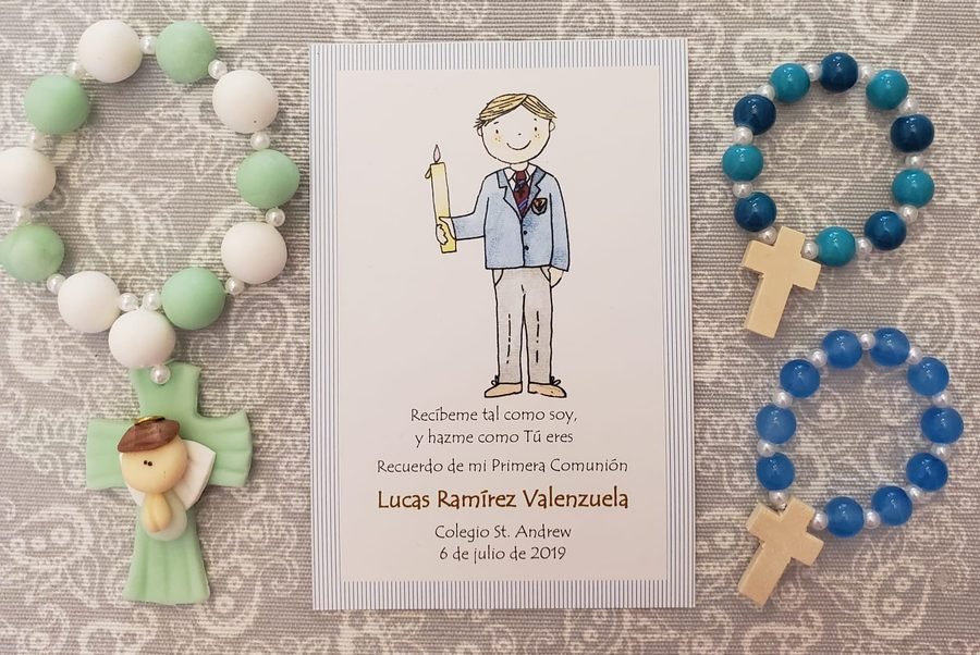 Estampa personalizada de Primera Comunión con nombre, colegio y fecha